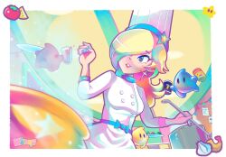 Rule 34 | 1girl, artist name, blonde hair, blue eyes, broccoli, can, carrot, chef, chef hat, cooking, cooking pot, cup, dress, drinking glass, earrings, food, hair over one eye, hat, highres, holding, holding can, holding cup, holding ladle, holding plate, jewelry, ladle, long hair, looking at another, luma (mario), mario (series), mario kart, mario kart tour, nat0rii, neon palette, nintendo, official alternate costume, parted lips, plate, rosalina, rosalina (chef), star (symbol), star earrings, tomato, white dress, white headwear
