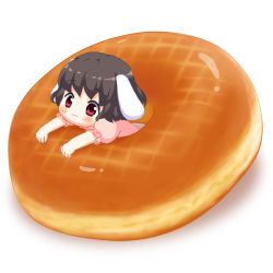 Rule 34 | 1girl, :3, animal ears, arm rest, bebeneko, black hair, blush, commentary request, doughnut, dress, food, in food, inaba tewi, looking at viewer, mini person, minigirl, pink dress, puffy short sleeves, puffy sleeves, rabbit ears, red eyes, short hair, short sleeves, simple background, touhou, upper body, white background
