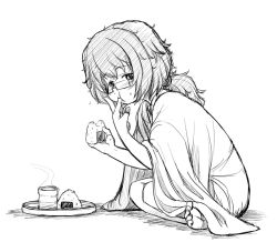 Rule 34 | 10s, 1girl, cup, eating, finger in own mouth, food, food on face, from side, full body, girls und panzer, glasses, greyscale, messy hair, monochrome, nishino eiichi, onigiri, oryou (girls und panzer), rice, simple background, sitting, solo, white background, yunomi