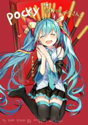 Rule 34 | 1girl, blue hair, boots, detached sleeves, dr poapo, closed eyes, food, full body, hatsune miku, long hair, necktie, open mouth, pocky, sitting, skirt, solo, thigh boots, thighhighs, twintails, very long hair, vocaloid, wariza