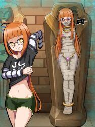 Rule 34 | 2girls, absurdres, ahoge, bandages, bdsm, black shirt, breasts, brown eyes, commentary request, dressing, dual persona, gagged, glasses, grin, highres, layered sleeves, long hair, looking back, multiple girls, mummification (bound), navel, orange hair, persona, persona 5, sakura futaba, sarcophagus, shadow (persona), shadow futaba, shirt, shorts, small breasts, smile, striped sleeves, thalter39o, very long hair, x-ray, yellow eyes
