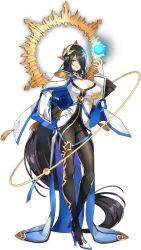 Rule 34 | 1girl, absurdly long hair, artist request, black hair, blue nails, breasts, brooch, cape, dress, epic seven, full body, green eyes, hair ornament, hair over one eye, hand on own hip, hand up, high heels, highres, jewelry, large breasts, long hair, nail polish, official art, one eye covered, orb, pantyhose, parted lips, side slit, simple background, solo, standing, tassel, third-party source, transparent background, very long hair, vivian (epic seven)
