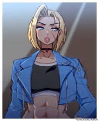 Rule 34 | 1girl, abs, blonde hair, blue eyes, breasts, cammy white, highres, jacket, large breasts, lips, long sleeves, medium breasts, short hair, simmsy, street fighter, street fighter 6