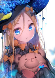 Rule 34 | 1girl, abigail williams (fate), animal, black bow, black dress, black hat, blonde hair, blue eyes, blue flower, blurry, blurry background, bow, bug, butterfly, commentary request, depth of field, dress, fate/grand order, fate (series), flower, hair between eyes, hair bow, hat, hat flower, heart, heart in eye, hugging object, insect, lokyin house, long hair, long sleeves, looking at viewer, multiple hair bows, orange bow, parted bangs, parted lips, polka dot, polka dot bow, sleeves past fingers, sleeves past wrists, solo, stuffed animal, stuffed toy, symbol in eye, teddy bear, upper body, very long hair