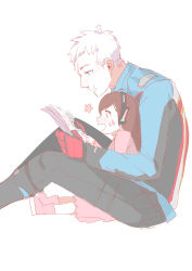 Rule 34 | 1boy, 1girl, absurdres, aged down, blue eyes, blue jacket, blush, book, boots, brown eyes, brown hair, child, d.va (overwatch), dress, facepaint, facial mark, fatherly, flower, gloves, headphones, highres, holding, holding book, jacket, long hair, long sleeves, open book, open mouth, overwatch, overwatch 1, pants, petals, pink dress, pink footwear, pocket, reading, red gloves, scar, scar across eye, scar on face, scarf, scarf over mouth, shirako (243109755), short hair, simple background, sitting, soldier: 76 (overwatch), whisker markings, white background, white hair