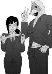 1boy, 1girl, black hair, black neckwear, black pants, black suit, business suit, chainsaw man, collared shirt, formal, greyscale, hair ornament, hand in pocket, height difference, higashiyama kobeni, highres, holding, holding knife, holding weapon, hood, hoodie, knife, looking at viewer, mask, mole, mole above mouth, mole under eye, mole under mouth, monochrome, multiple moles, necktie, nervous smile, otsudou, pants, ponytail, shirt, smile, suit, sweat, v, violence devil (chainsaw man), weapon, white background