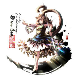 1girl absurdres armpits artist_logo barefoot breasts brown_eyes brown_fur brown_hair calligraphy_brush_(medium) character_name circlet closed_mouth detached_sleeves dress english_text full_body highres holding link163353 logo looking_at_viewer low_twintails monkey_tail seal_impression shirt simple_background single_detached_sleeve skirt smile solo son_biten tail touhou twintails white_background