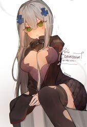 Rule 34 | 1girl, @ @, absurdres, anzup 404, beret, black hat, black thighhighs, blush, breasts, commission, cross hair ornament, girls&#039; frontline, gloves, green eyes, grey hair, hair between breasts, hair ornament, hat, highres, hk416 (girls&#039; frontline), holding, holding clothes, holding hat, long hair, medium breasts, simple background, sitting, solo, teardrop, thighhighs, torn clothes, torn thighhighs, twitter username, white gloves