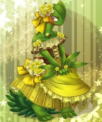 Rule 34 | 1girl, bare shoulders, blue eyes, blush, bow, brown bow, claws, collarbone, corset, creatures (company), dress, feet, flower, frilled dress, frills, full body, game freak, gen 3 pokemon, green background, grey background, half-closed eyes, highres, jewelry, kakiikada, looking away, looking down, looking to the side, necklace, nintendo, no humans, own hands together, pokemon, pokemon (creature), pokemon rse, ribbon, rose, sceptile, shiny skin, solo, standing, strapless, strapless dress, tail, yellow bow, yellow dress, yellow flower, yellow rose