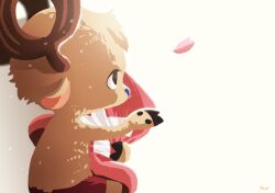 Rule 34 | 1boy, antlers, blue nose, cherry blossoms, commentary request, doccoi, falling petals, from side, hat, highres, holding, holding clothes, holding hat, horns, no mouth, one piece, petals, pink hat, profile, reindeer antlers, sidelighting, simple background, solo, tony tony chopper, white background