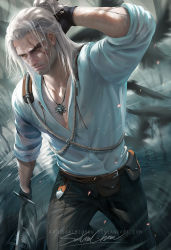 Rule 34 | 1boy, animal, bird, chest hair, crow, facial hair, geralt of rivia, gloves, male focus, manly, ponytail, sakimichan, scar, solo, stubble, sword, the witcher (series), the witcher 3, water, watermark, weapon, white hair, yellow eyes