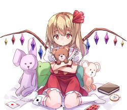 Rule 34 | 1girl, :o, absurdres, ace (playing card), ace of clubs, ace of diamonds, ace of spades, alternate hair length, alternate hairstyle, blonde hair, book, card, club (shape), commentary request, diamond (shape), flandre scarlet, hair between eyes, hair ribbon, highres, kneehighs, long hair, looking at viewer, no headwear, no shoes, hugging object, playing card, pocket watch, puffy short sleeves, puffy sleeves, red eyes, red skirt, red vest, revision, ribbon, shadow, short sleeves, side ponytail, simple background, sitting, skirt, slit pupils, socks, solo, spade (shape), stuffed animal, stuffed rabbit, stuffed toy, tareme, teddy bear, touhou, vest, wariza, watch, white background, white socks, wings, zoirun