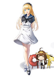 Rule 34 | 2girls, :d, abyssal ship, aged up, bare shoulders, black skirt, blonde hair, blue eyes, blue sailor collar, breasts, brown hair, cane, chibi, chibi inset, collarbone, commentary request, detached sleeves, dress, enemy lifebuoy (kancolle), gloves, hairband, hat, headgear, japanese clothes, jervis (kancolle), kantai collection, kongou (kancolle), large breasts, long hair, multiple girls, nontraditional miko, open mouth, pleated skirt, sailor collar, sailor hat, short sleeves, skirt, smile, t-head admiral, unowen, white background, white dress, white gloves, white headwear