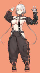 Rule 34 | 1girl, ahoge, baggy pants, banitya, belt, belt collar, black belt, blunt bangs, blush, breasts, brown footwear, brown pants, brown sleeves, collar, collarbone, commentary request, detached sleeves, double v, full body, gloves, hair intakes, highres, hip vent, large breasts, looking at viewer, low twintails, mechanical arms, multicolored clothes, multicolored gloves, navel, orange background, orange eyes, original, pants, parted lips, revealing clothes, shoes, sidelocks, simple background, single mechanical arm, solo, standing, stomach, tachi-e, twintails, v, white hair