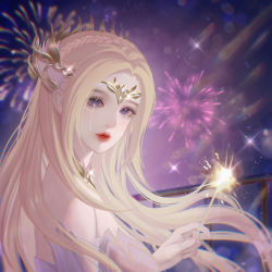 Rule 34 | 1girl, artist request, bare shoulders, blonde hair, blue eyes, closed mouth, crying, douluo dalu, dress, fireworks, from side, glint, hair ornament, highres, holding fireworks, long hair, looking at viewer, night, qian renxue (douluo dalu), railing, second-party source, solo, upper body, white dress