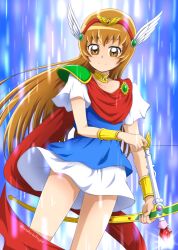 Rule 34 | 1girl, absurdres, armor, arrow (projectile), blue shirt, bow (weapon), brown eyes, brown hair, closed mouth, collarbone, cosplay request, feather hair ornament, feathers, floating hair, hair ornament, hairband, heartcatch precure!, highres, holding, holding arrow, holding bow (weapon), holding weapon, long hair, miniskirt, myoudouin itsuki, nita (onakatohoppe), precure, red hairband, sash, shirt, short sleeves, shoulder armor, skirt, smile, solo, standing, twitter username, very long hair, weapon, white feathers, white skirt, white sleeves