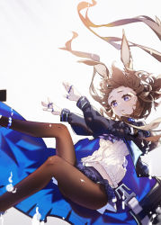 Rule 34 | 1girl, amiya (arknights), animal ears, arknights, ascot, black coat, black pantyhose, blue coat, blue eyes, blue skirt, brown hair, chinese commentary, coat, commentary request, cuicuijiao, falling, feet out of frame, highres, jewelry, long hair, midriff peek, multiple rings, navel, pantyhose, parted lips, plaid, plaid skirt, purple ascot, rabbit ears, ribbed sweater, ring, skirt, solo, sweater, two-sided coat, two-sided fabric, white background, white sweater