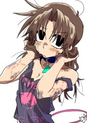 Rule 34 | 1girl, absurdres, bandaid, bandaid on cheek, bandaid on face, bare shoulders, black eyes, blue collar, blue shirt, blurry, blurry foreground, breasts, brown hair, bruise, bruise on arm, bruise on shuolder, cleavage, closed mouth, collar, ed-chan (edkuroki), edkuroki, gauze on arm, gauze on cheek, hair intakes, hickey, highres, holding own hair, injury, light blush, long hair, looking to the side, messy hair, original, pink tail, print shirt, shirt, signature, simple background, sleeveless, sleeveless shirt, small breasts, solo, white background