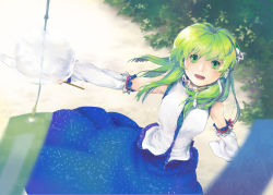 Rule 34 | 1girl, bad id, bad pixiv id, blush, breasts, detached sleeves, embellished costume, female focus, frog hair ornament, gohei, green eyes, green hair, hair ornament, hair tubes, kochiya sanae, long hair, matching hair/eyes, oonusa, open mouth, skirt, smile, snake, snake hair ornament, solo, touhou, tree, wind bell, wind chime, zit 0