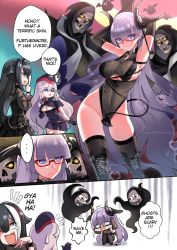 Rule 34 | 3girls, :d, armpits, azur lane, beret, black gloves, black hair, black leotard, blue eyes, breasts, cape, cleavage, cleavage cutout, clothing cutout, comic, commentary, covered navel, crying, crying with eyes open, demon girl, demon horns, demon tail, deutschland (azur lane), deutschland (dark demon princess) (azur lane), deutschland (demon princess&#039; dark hour banquet) (azur lane), english text, flying sweatdrops, glasses, gloves, gneisenau (azur lane), gneisenau (nightmarish succubus) (azur lane), gothic lolita, green eyes, halloween, hat, highres, hm (hmongt), horns, laughing, leotard, lolita fashion, long hair, multicolored hair, multiple girls, ojou-sama pose, open mouth, pubic tattoo, rimless eyewear, scared, scharnhorst (azur lane), sideboob, silver hair, skull, smile, squatting, streaming tears, sweat, tail, tattoo, tears, two-tone hair, underboob