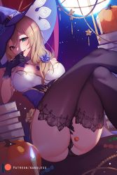 Rule 34 | 1girl, ass, black panties, black thighhighs, blush, book, breasts, candle, capelet, cleavage, crossed legs, full moon, genshin impact, green eyes, hat, hat belt, jewelry, large breasts, light brown hair, lisa (genshin impact), long hair, looking at viewer, moon, nanoless, necklace, night, night sky, panties, pendant, pumpkin, purple capelet, purple hat, sitting, sky, smile, thighhighs, thighs, underwear, witch hat