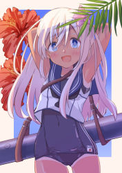 Rule 34 | 1girl, armpits, arms up, blue eyes, blush, flower, hair between eyes, hair flower, hair ornament, kantai collection, long hair, one-piece swimsuit, one-piece tan, open mouth, pink flower, red flower, ro-500 (kancolle), sailor collar, sanninme no haru, school uniform, serafuku, simple background, solo, swimsuit, swimsuit under clothes, tan, tanline, two-tone background