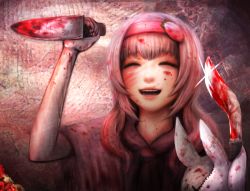 Rule 34 | 1girl, ^ ^, blood, blood in hair, blood on arm, blood on clothes, blood on face, blood on hands, bloody knife, brown hair, capelet, closed eyes, commentary request, cookie (touhou), food-themed hair ornament, hair ornament, hairband, holding, holding knife, holding stuffed toy, ichigo (cookie), khn (kihana), knife, long hair, open mouth, pink capelet, red hairband, smile, solo, stitches, strawberry hair ornament, stuffed animal, stuffed rabbit, stuffed toy, teeth, upper body