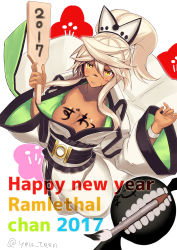 Rule 34 | 1girl, 2017, alternate costume, blush, body writing, breasts, calligraphy brush, character name, dark skin, dark-skinned female, guilty gear, guilty gear xrd, hagoita, hanetsuki, happy new year, high ponytail, highres, japanese clothes, kimono, long hair, looking at viewer, new year, no bra, paddle, paintbrush, ramlethal valentine, razu (rus), solo, twitter username, weapon, white hair, yellow eyes