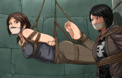 Rule 34 | 2girls, arms behind back, asian, ass, barefoot, bdsm, black hair, bondage, bound, bound ankles, bound wrists, breasts, brown eyes, brown hair, cloth gag, gag, gagged, highres, hogtie, improvised gag, lara croft, looking at another, lost one zero, medium breasts, multiple girls, over the mouth gag, samantha nishimura, tomb raider, tomb raider (reboot)