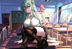 Rule 34 | 1girl, absurdres, ass, bare shoulders, black footwear, black panties, black skirt, blouse, breasts, brown thighhighs, classroom, clothing cutout, collared shirt, commission, crop top, desk, fine fabric emphasis, green eyes, green hair, hair bun, highres, holding, indie virtual youtuber, indoors, large breasts, long hair, looking at viewer, midriff, milk carton, miniskirt, misu (vtuber), nail polish, neck ribbon, open mouth, panties, pleated skirt, ribbon, school desk, shirt, shoe dangle, shoes, short sleeves, shoulder cutout, side bun, sidelocks, single hair bun, single side bun, skirt, solo, thighhighs, thighs, underwear, very long hair, virtual youtuber, vitaminechan, wet, white shirt