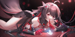 Rule 34 | 1girl, ahoge, bare shoulders, black hair, breasts, bug, butterfly, dress, gloves, gou lianlian dogface, hair ornament, highres, honkai (series), honkai impact 3rd, insect, long hair, lying, on stomach, red eyes, red gloves, seele (alter ego), seele vollerei, seele vollerei (starchasm nyx), solo, very long hair
