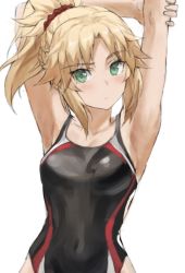 Rule 34 | 1girl, armpits, arms behind head, bad id, bad twitter id, black one-piece swimsuit, blonde hair, blush, braid, breasts, competition swimsuit, fate/apocrypha, fate (series), female focus, french braid, green eyes, long hair, looking at viewer, mordred (fate), mordred (fate/apocrypha), one-piece swimsuit, parted bangs, ponytail, revision, sidelocks, simple background, small breasts, solo, swimsuit, tonee, upper body