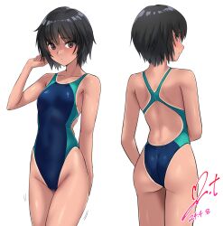 Rule 34 | 1girl, amagami, ass, black hair, blue one-piece swimsuit, breasts, brown eyes, commentary request, commission, competition swimsuit, cowboy shot, dated, highleg, highleg swimsuit, highres, multiple views, nanasaki ai, one-piece swimsuit, one-piece tan, pixiv commission, short hair, signature, simple background, small breasts, swimsuit, tan, tanline, two-tone swimsuit, variant set, white background, yoo tenchi