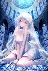 Rule 34 | 1girl, arms between legs, bare shoulders, breasts, chiachun0621, cleavage, covered navel, dress, full body, gown, grey hair, highres, looking back, medium breasts, original, purple eyes, sitting, solo, wariza, white footwear, white negligee