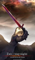 Rule 34 | 1girl, armor, armored dress, artoria pendragon (all), artoria pendragon (fate), aura, blonde hair, dark aura, excalibur morgan (fate), fate/stay night, fate (series), gradient background, hews, highres, lolita fashion, long skirt, looking at viewer, saber (fate), saber alter, scenery, skirt, solo, sword, weapon, yellow eyes