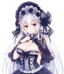 Rule 34 | 1girl, black capelet, black dress, black flower, black rose, blush, breasts, capelet, cleavage, closed mouth, dress, finger to mouth, fingernails, flower, gothic lolita, grey flower, grey rose, hair between eyes, hand up, head tilt, index finger raised, large breasts, lolita fashion, long hair, looking at viewer, mitsuba choco, original, red eyes, rose, see-through, sidelocks, silver hair, simple background, smile, solo, strapless, strapless dress, upper body, very long hair, white background