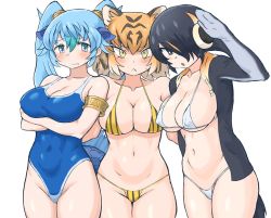 Rule 34 | 3girls, :&lt;, :o, animal ears, arm around waist, arm at side, arms under breasts, bare shoulders, bikini, bikini under clothes, bird tail, black hair, blue eyes, blue hair, blue one-piece swimsuit, blush, blush stickers, breasts, cleavage, closed mouth, collarbone, competition swimsuit, covered erect nipples, covered navel, crossed arms, dragon ears, dragon tail, drawstring, emperor penguin (kemono friends), extra ears, furrowed brow, green hair, grey eyes, groin, hair between eyes, hair over one eye, hand up, headphones, highleg, highleg swimsuit, hood, hood down, kemono friends, large breasts, light brown hair, long hair, long sleeves, looking at viewer, medium breasts, medium hair, micro bikini, multicolored hair, multiple girls, navel, one-piece swimsuit, open clothes, open mouth, orange bikini, orange hair, parted bangs, penguin tail, seiryuu (kemono friends), side-by-side, simple background, stomach, striped bikini, striped clothes, sweater, swimsuit, swimsuit under clothes, tail, tiger (kemono friends), tiger ears, tsurime, twintails, two-tone hair, vertical stripes, volfogg asagi, wavy mouth, white background, white bikini, yellow eyes