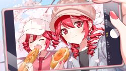 Rule 34 | 2girls, black footwear, brown hat, closed eyes, commentary request, drill hair, dual persona, food, grey jacket, hair between eyes, hair ribbon, hanami, hat, highres, holding, holding food, iluka (ffv7), jacket, kasane teto, kasane teto (sv), multiple girls, open clothes, open jacket, open mouth, pink jacket, red eyes, red hair, red shirt, ribbon, shirt, smile, synthesizer v, teeth, translation request, twin drills, upper teeth only, utau, white hat, white ribbon