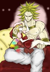 Rule 34 | 1boy, 1girl, bare shoulders, bed, bedroom, blonde hair, broly (dragon ball z), carrying, chokobo (fire89), couple, crossover, dragon ball, dragonball z, flandre scarlet, hetero, highres, muscular, on bed, red eyes, scar, scar on stomach, sitting, super saiyan, super saiyan 1, touhou, trait connection