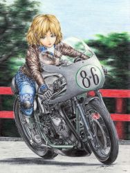 Rule 34 | 1girl, alternate costume, black footwear, black gloves, blonde hair, blue sky, boots, colored pencil (medium), commentary request, contemporary, day, denim, gloves, green eyes, highres, jacket, jeans, knee pads, leather, leather jacket, looking at viewer, mizuhashi parsee, motion blur, motor vehicle, motorcycle, outdoors, pants, parted lips, pointy ears, railing, red pond, road, short hair, signature, sky, solo, touhou, traditional media
