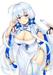 Rule 34 | 1girl, absurdres, ahoge, azur lane, blue eyes, blush, breasts, china dress, chinese clothes, cleavage, cleavage cutout, clothing cutout, commentary request, cowboy shot, daichi (tokoya), dress, folding fan, garter straps, hand fan, hands up, head tilt, highres, holding, holding fan, illustrious (azur lane), illustrious (maiden lily&#039;s radiance) (azur lane), large breasts, long hair, looking at viewer, mole, mole under eye, no headwear, shawl, short sleeves, side slit, silver hair, simple background, smile, solo, standing, thighhighs, thighs, very long hair, white background, white dress, white thighhighs