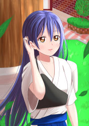 Rule 34 | 1girl, absurdres, alternate hairstyle, artist name, artist request, blue hair, blue hakama, blue skirt, blush, breasts, close-up, collarbone, falling leaves, female focus, grass, hair between eyes, hair ribbon, hair tie, hakama, hakama skirt, highres, japanese clothes, kimono, layered skirt, leaf, leaves, long hair, long sleeves, looking at viewer, love live!, love live! school idol festival, love live! school idol project, low ponytail, miniskirt, muneate, outdoors, parted lips, plaid, plaid kimono, plaid skirt, playing with own hair, pleated, pleated skirt, ponytail, purple ribbon, ribbon, short sleeves, skirt, small breasts, smile, solo, sonoda umi, tree, white kimono, yellow eyes