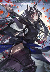 Rule 34 | 1girl, :d, absurdres, animal ears, arknights, autumn leaves, black hair, black kimono, blush, bracelet, dog ears, elbow gloves, facial mark, feet out of frame, fingerless gloves, fingernails, forehead mark, from side, gloves, hair ribbon, highres, hip vent, holding, holding weapon, japanese clothes, jewelry, kimono, knee pads, leaf, long fingernails, long hair, looking at viewer, looking to the side, maple leaf, naginata, nail polish, open mouth, pants, parted bangs, polearm, puffy pants, purple gloves, purple nails, purple pants, red eyes, ribbon, saga (arknights), sapysha, smile, solo, tasuki, very long hair, weapon, yellow ribbon