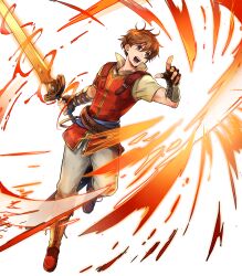 Rule 34 | 1boy, attack, brown eyes, brown gloves, brown hair, edward (fire emblem), fingerless gloves, fire emblem, fire emblem: radiant dawn, fire emblem heroes, gloves, highres, holding, holding sword, holding weapon, male focus, nintendo, non-web source, official art, open mouth, scabbard, sheath, solo, sword, v-shaped eyebrows, weapon