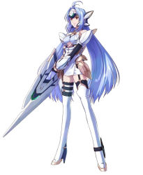 Rule 34 | 00s, 1girl, android, bare shoulders, blue hair, breasts, forehead protector, garter straps, gloves, high heels, huge weapon, kos-mos, kos-mos ver. 4, large breasts, legs, long hair, long legs, official art, project x zone, red eyes, shoes, solo, sword, thighhighs, thighs, twintails, very long hair, weapon, xeno (series), xenosaga, xenosaga episode iii