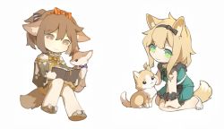 Rule 34 | 1girl, animal, animal ears, arknights, black bow, black hairband, blonde hair, blue bow, book, bow, brown dress, brown eyes, brown footwear, brown hair, brown jacket, chibi, dog, dog ears, dog girl, dog tail, dress, fennec (kemono friends), full body, green dress, green eyes, hair between eyes, hair bow, hairband, jacket, kemono friends, kneeling, long hair, official alternate costume, open book, open clothes, open jacket, orange bow, pajamas, perfumer (arknights), perfumer (leisurely afternoon) (arknights), petting, podenco (arknights), podenco (wake up from a nap) (arknights), ponytail, reading, simple background, slippers, solo, tail, white background, white footwear, zhizhangsiyin