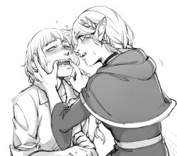 Rule 34 | 2girls, belt, blush, braid, braided ponytail, capelet, choker, collared shirt, commentary, danjiddg, dungeon meshi, elf, english commentary, face-to-face, falin touden, fangs, finger in another&#039;s mouth, flying sweatdrops, greyscale, hair over shoulder, half-closed eyes, hood, hood down, hooded capelet, long sleeves, marcille donato, monochrome, multiple girls, pointy ears, shirt, side braid, simple background, upper body