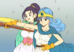 Rule 34 | 2girls, artist name, blue eyes, blue hair, breasts, cape, choker, circlet, corset, dated, dragon quest, dragon quest iii, dragon quest xi, dress, earrings, gloves, gradient background, hand on own hip, jewelry, medium breasts, multiple girls, open mouth, ponytail, purple eyes, purple hair, sage (dq3), senica (dq11), shinobibe himika, signature, smile, strapless, strapless dress, white dress, yellow gloves