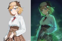 Rule 34 | 1girl, artist name, artist progress, before and after, blonde hair, blue eyes, blush, collared shirt, commentary, deerstalker, dress shirt, english commentary, hair ornament, hat, highres, holding, holding lantern, hololive, hololive english, lantern, long sleeves, necktie, ninomae ina&#039;nis (artist), open mouth, plaid, plaid skirt, pocket watch, red neckwear, redrawn, shirt, short hair, skirt, smile, standing, virtual youtuber, watch, watson amelia, watson amelia (1st costume), white shirt