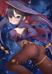Rule 34 | 1girl, ass, blush, breasts, cape, genshin impact, gloves, green eyes, hair ornament, hat, highres, leotard, long hair, looking at viewer, medium breasts, mona (genshin impact), nc731, pantyhose, purple hair, shiny clothes, shiny skin, sideboob, smile, solo, thighlet, twintails, very long hair, water